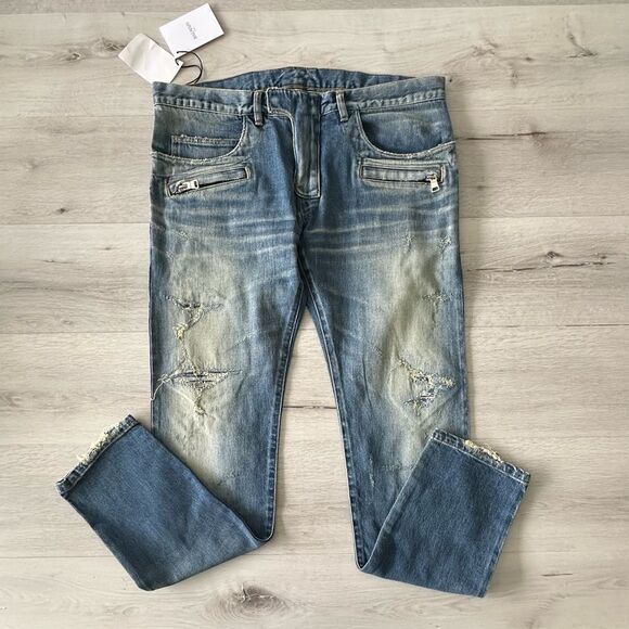 Balmain‎ Zipper Pocket Distressed Skinny Jeans Faded Blue 36 NWT - Picture 7 of 13
